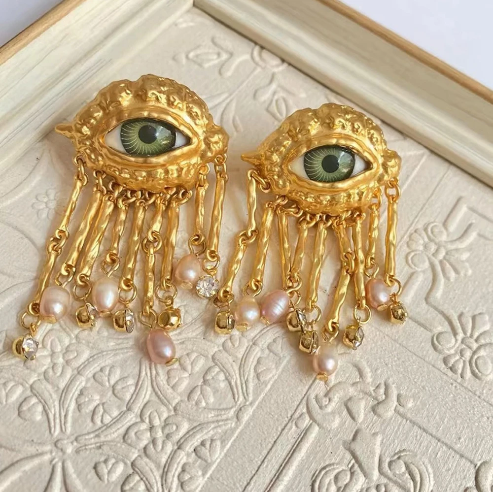 Sef9ec0543a044824842d3876bc2ca0597 French Retro Unique Personality Exaggerated Eyes And Earrings Pearl Rhinestone Tassel Earrings Women's Jewelry Party Accessories Mallzona