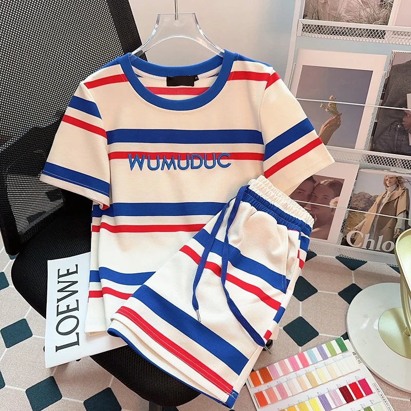 

Men's Sets New Summer Loose Casual Sports Striped Short Sleeves Round Neck T-shirt s Two Pieces Suit Tops Pants