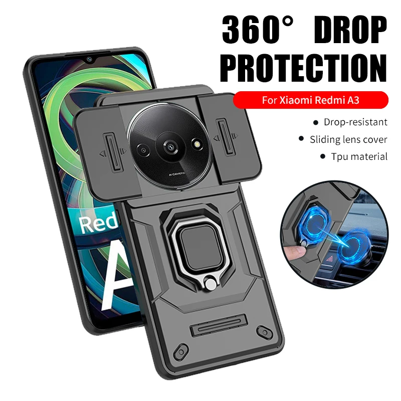 Slide Lens Cover Armor Shockproof Case For Xiaomi Redmi A3 A 3 3A 4G RedmiA3 6.71inches Magnetic Holder Ring Protect Fundas phone case phone protector cover magnetic case camera protector case camera lens protector case camera lens case