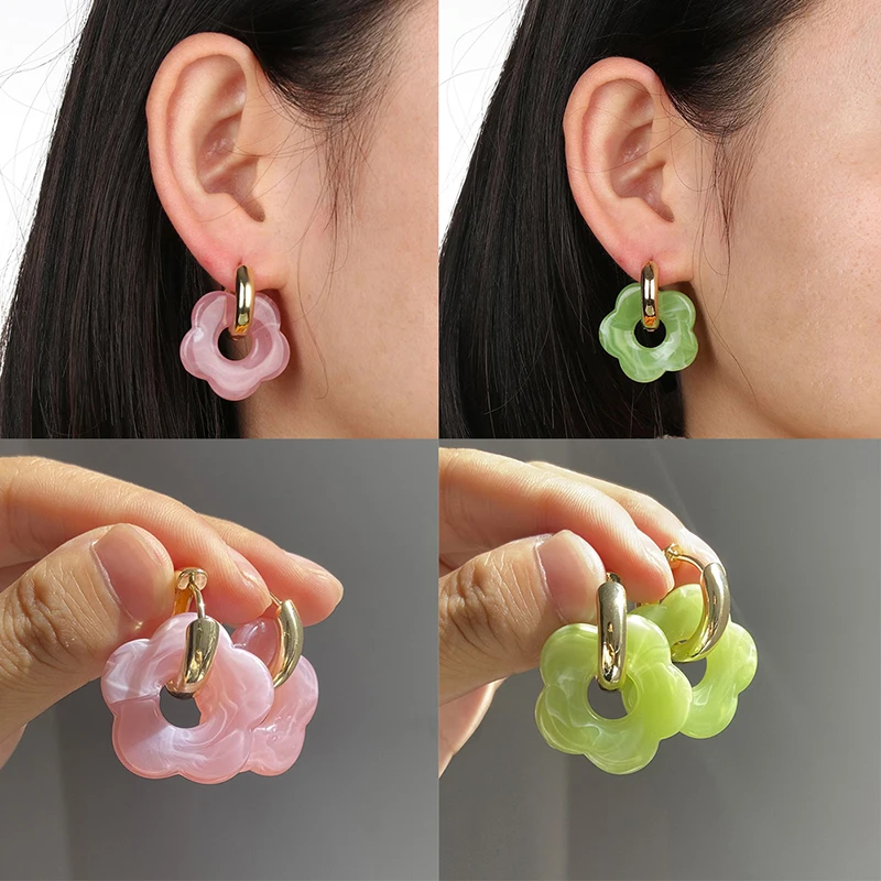 Simple Round Hollow Copper Floral Earrings for Women Acrylic Flower Resin Drop Earrings Girls Jewelry Cute Wedding Party Gifts