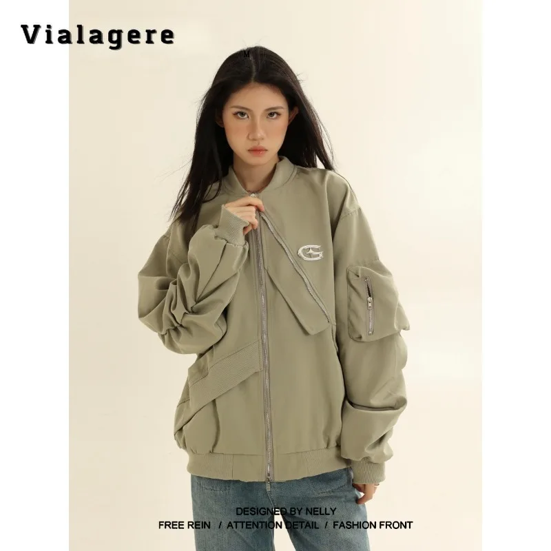 

2023 Autumn Winter Sporty Style Zipper Round Neck Solid Jacket For Women American Retro Outerwear Fashion Pilot Style Coat