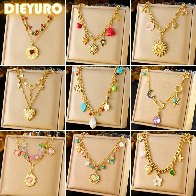 DIEYURO 316L Edelstahl Sonne Baum des Lebens Liebe Perle Blume Kristall Halskette Frauen Neue Trend Kette Schmuck Weihnachten Geschenk