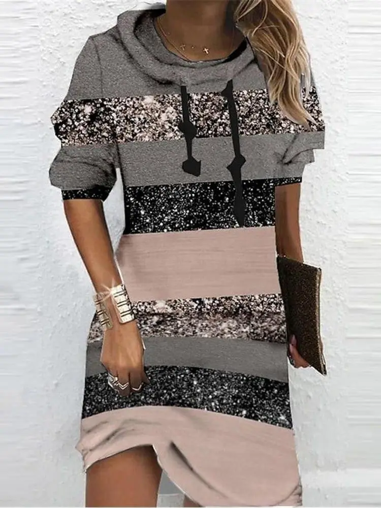 

Fashion Women Casual Daily Wear MinI Dress Sweatshirt Dress Colorblock Striped Print Hooded Long Sleeve Dress
