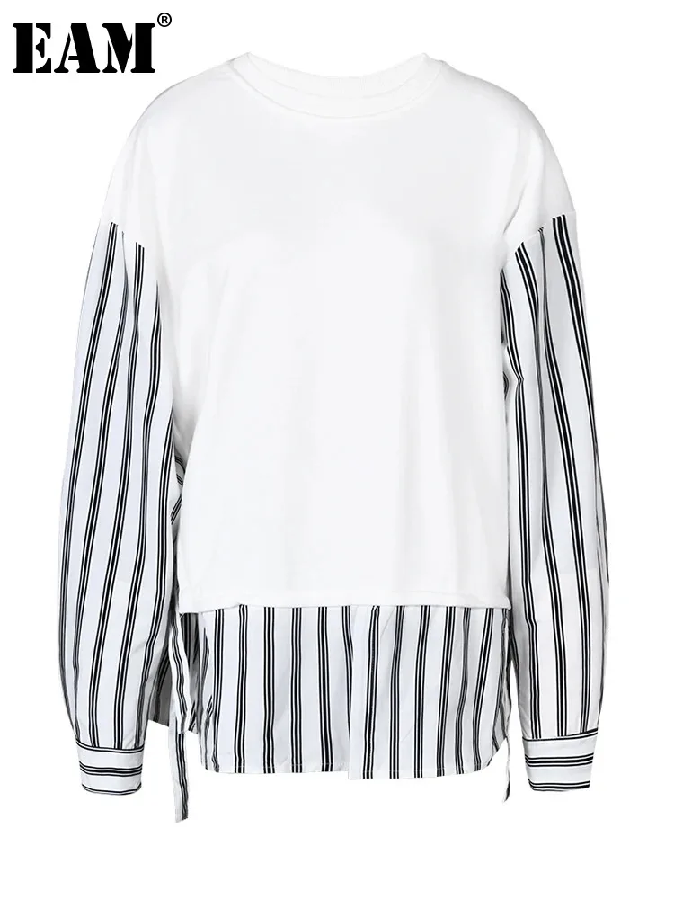 

[EAM] Loose Fit Black Striped Sweatshirt New Round Neck Long Sleeve Women Big Size Fashion Tide Spring Autumn 2024 1DF8055