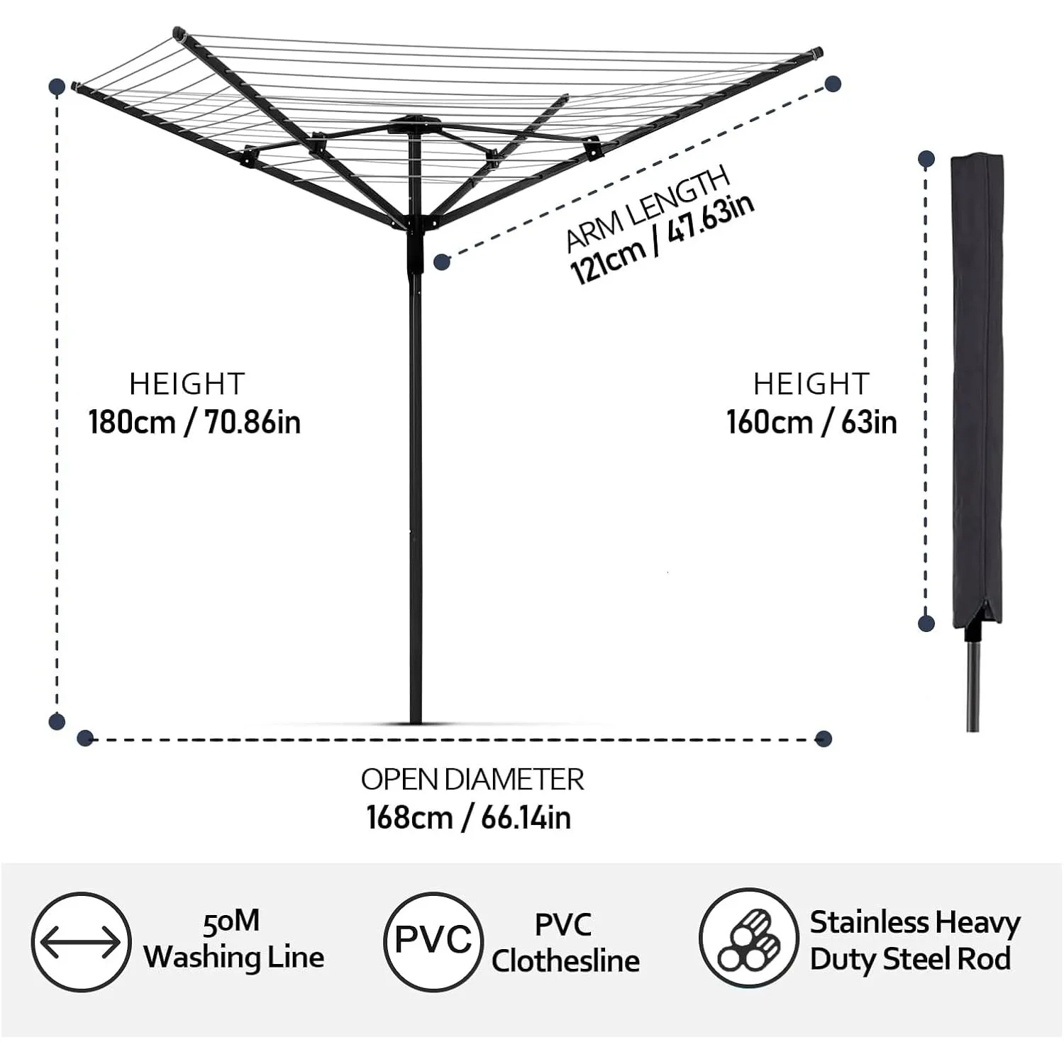 Umbrella Clothesline Outdoor, Rotary Retractable Clothes Line Outdoors Adjustable Height Drying Rack Clothing 4 Arms 12 Lines 4