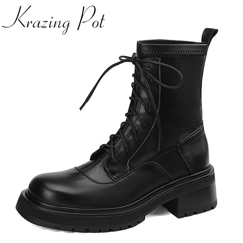 

Krazing Pot Full Grain Leather Round Toe Thick High Heels Fashion Boots Platform Cross-tied Safari Style Causal Ins Ankle Boots