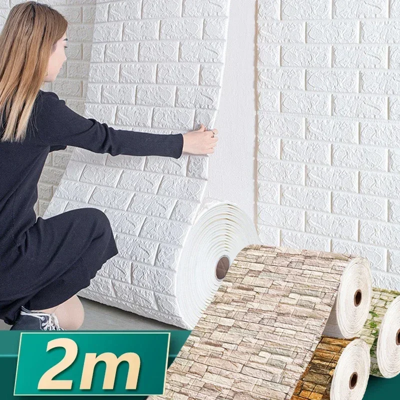 2m Roll 3D Wall Sticker Imitation Brick Bedroom Home Decor Waterproof Self-adhesive DIY Wallpaper Living Room TV Backdrop