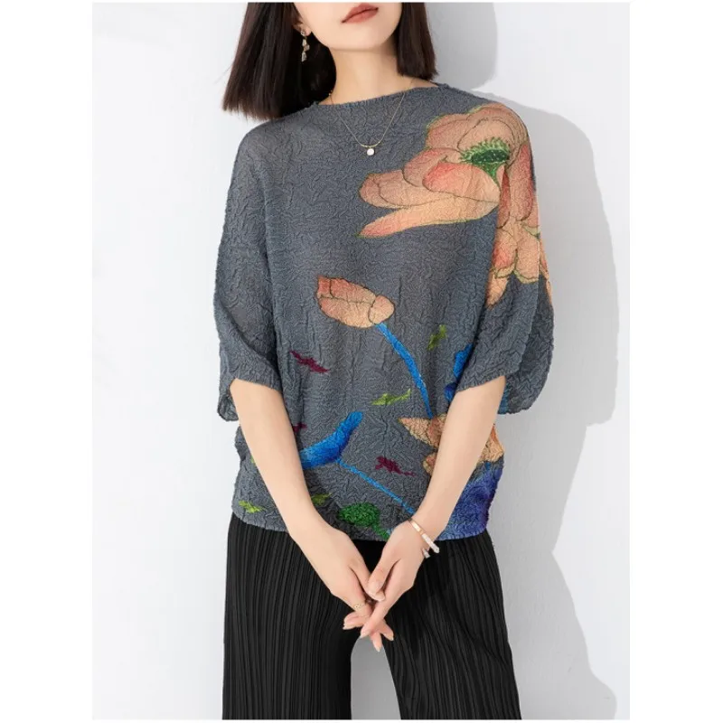 

Women 2023 autumn new print loose casual fashion pleated top