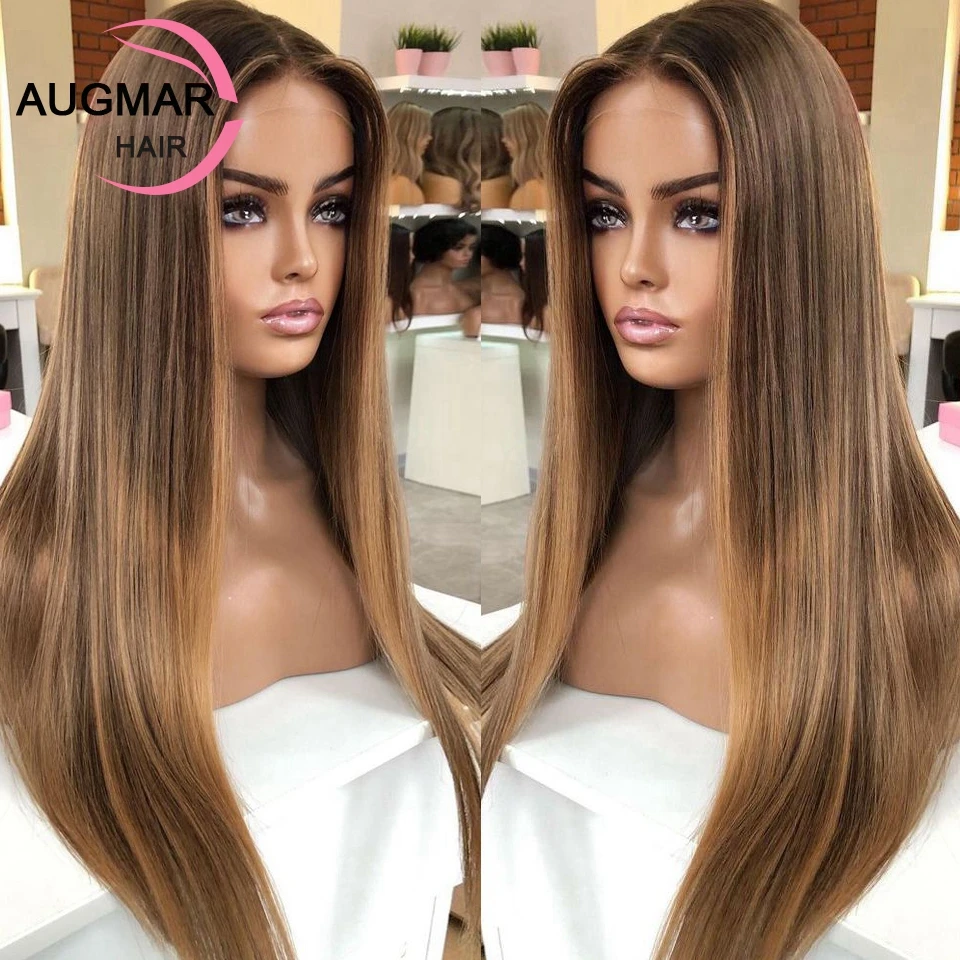 

13x4 Virgin Auburn Brown Highlight Human Hair Wigs Pre Plucked 13x6 Straight Lace Front Wigs Transparent 360 HD Lace Frontal Wig