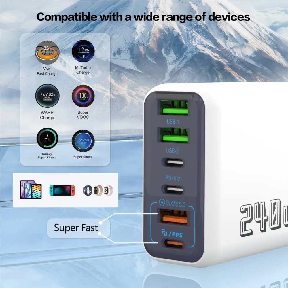 Chargeur USB C PD 6 ports 240W, charge rapide 3.0, type C, chargeurs de téléphone USB, adaptateur de charge super rapide pour iPhone, Samsung, Xiaomi