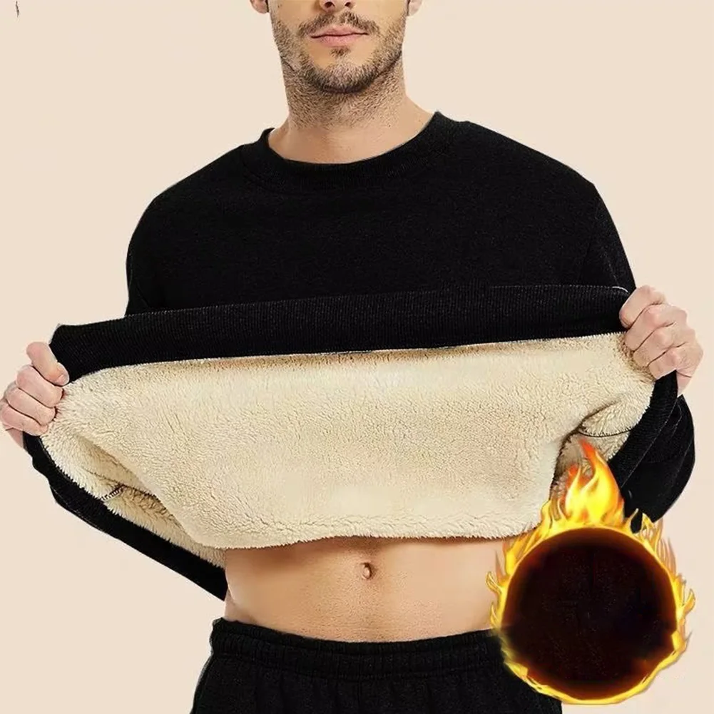 

Winter Man Warm Fleece Lined T-Shirt Thick O-Neck Solid Color Basic Pullover Sweatshirt Thermal Underwear Tops Clothing For Men