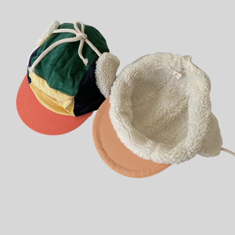 Winter Warm Corduroy Earflap Hat Color Block Patchwork Lei Feng Cap for Boys and Girls Cold Weather Protection 1