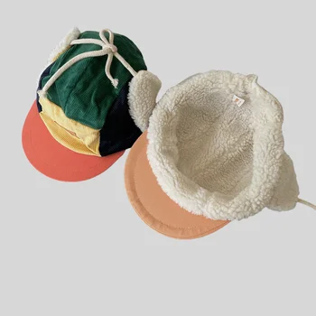 Winter Warm Corduroy Earflap Hat Color Block Patchwork Lei Feng Cap for Boys and Girls Cold Weather Protection 1