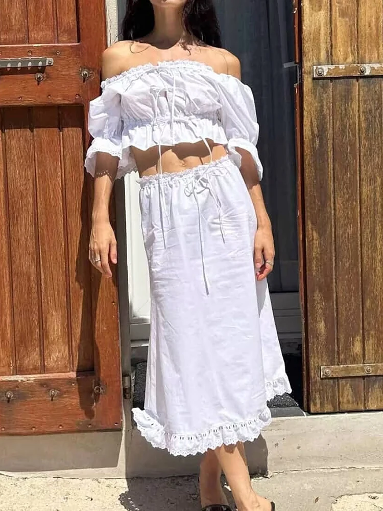 

GypsyLady French Elegant Chic Dress Sets White Women Summer 2 Piece Sets Lace Ruffles Skirt Womens Cropped Blouse Ladies Outfits