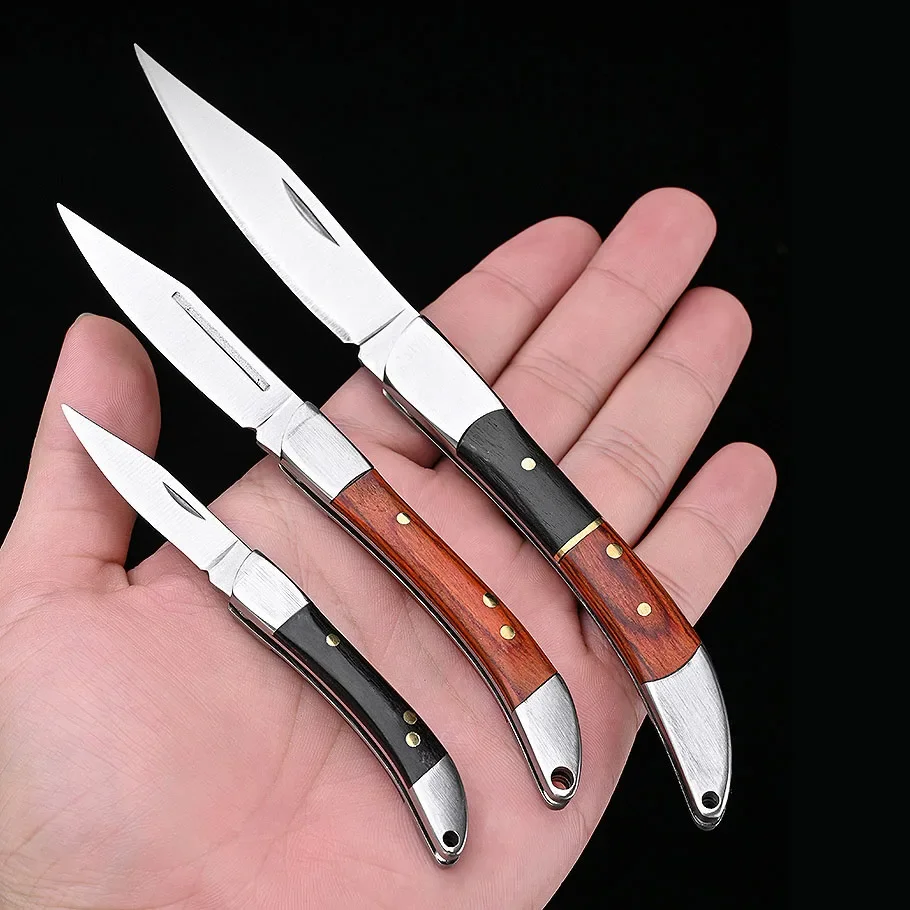 Folding knife Stainless steel Mini kitchen keychain Sharp blade Wood handle Pocket paring peeling knife Edc camping survival