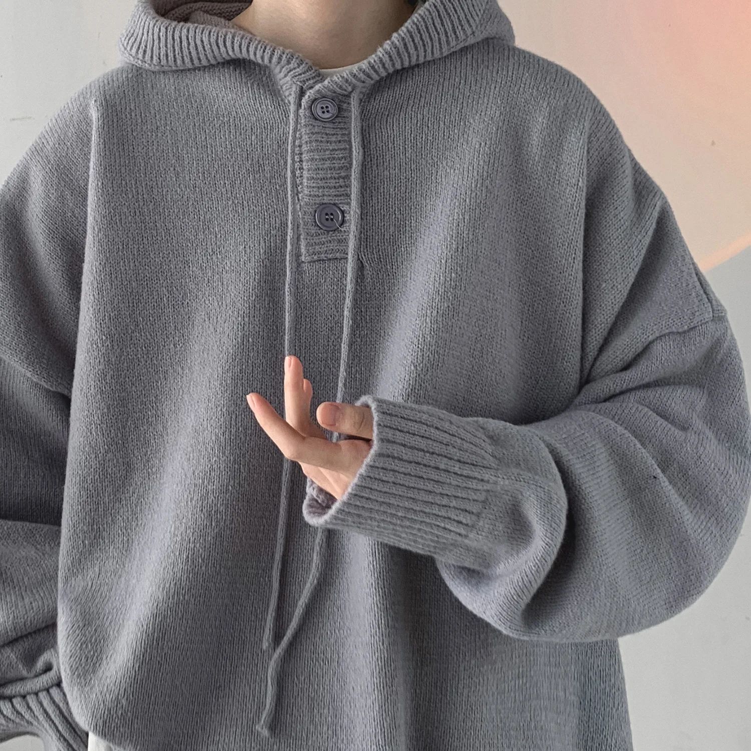 Sudadera con capucha de estilo coreano para hombre, suéter informal clásico de Color sólido, prendas de punto holgadas de gran tamaño
