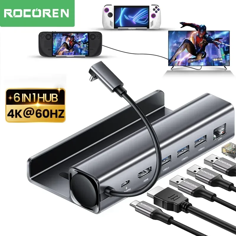 Rocoren Steam Deck Docking Station 6 in 1 USB C Hub HDMI-compatible 4K60Hz RJ45 Dock for SteamDeck Nintendo Switch ASUS Rog Ally