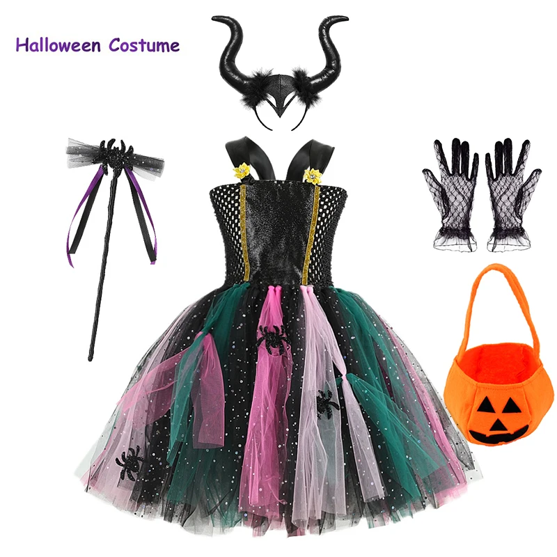 

Halloween Black Spider Clothes Girl Dress Party Performance Mesh Sequins Gift Spider Magic Stick Children's Clothing for Girls