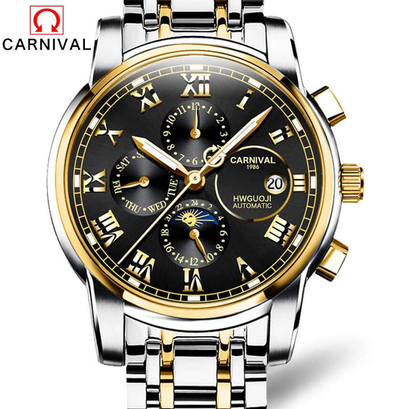 

Carnival Brand Multifunction Moon Phase Mechanical Watch for Men Stainless Steel Waterproof Calendar Week Automatic Watches Mens