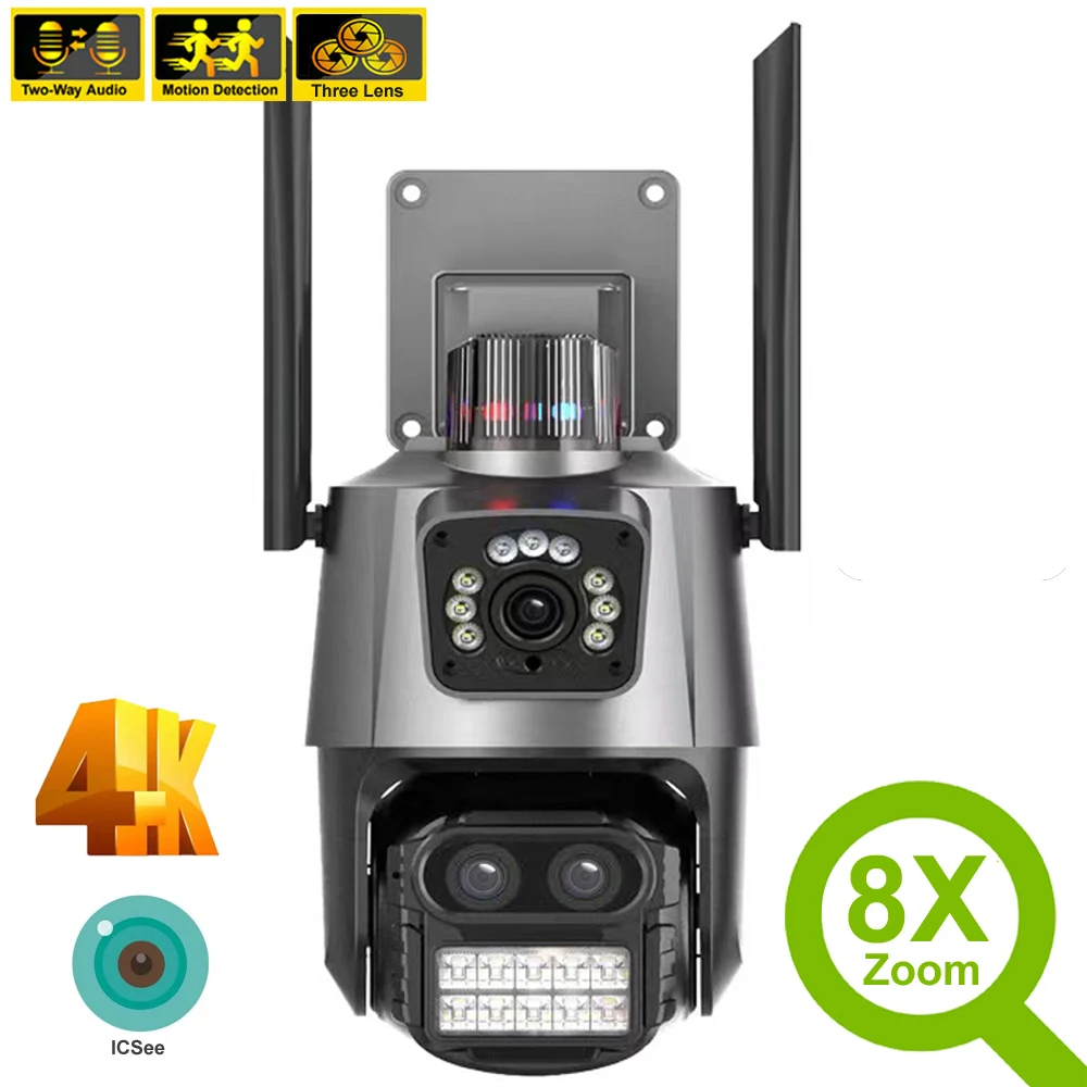 HD 4K 8MP WiFi Security IP Camera Outdoor Surveillance Protection 3-Lens Linkage CCTV 360 PTZ Secur Cam 4MP 2k Smart Home Kamera