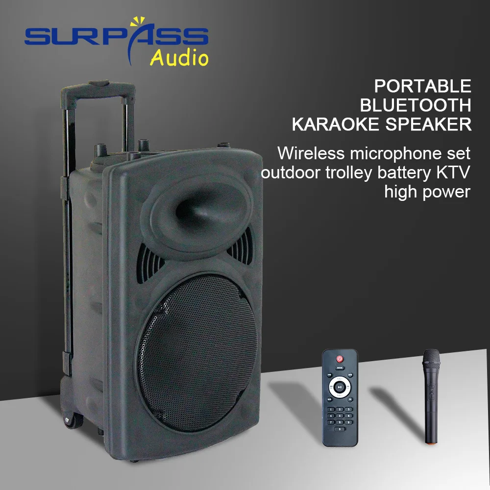 

Portable Amplifier Trolley Bluetooth Speaker Big Power HIFI Sound Rechargeable Battery Karaoke Speaker With Two Wireless Mic.
