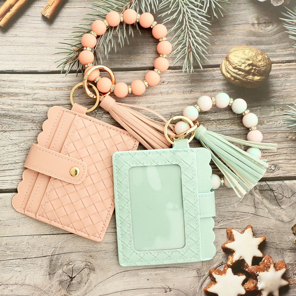 2024 New PU Card Holder Silicone Beaded Bracelet Keychain Card Holder Women's Wallet   Leather Woven Card Bag Zero Wallet 2