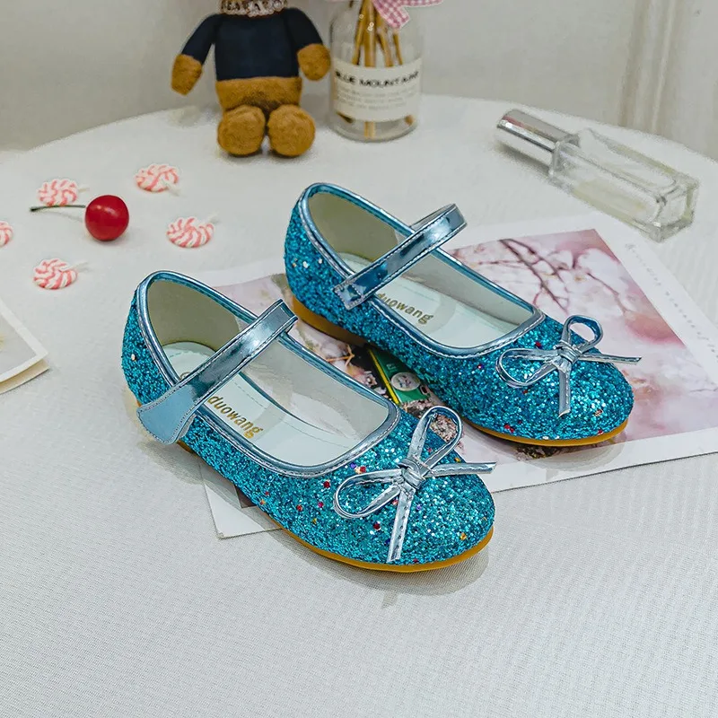 Girls Leather Shoes Kid's Bowknot Flats Princess Sequins Kid's Flats Children's Dance Shoes Size 24-37