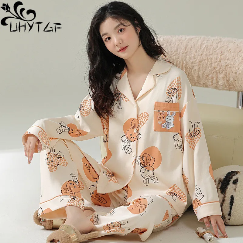 

UHYTGF 2023 Pajamas Women Long-Sleeved Cotton Thin Home Clothes Female Printed Spring Autumn Two-Piece Set Sleepwear Ladies 2612