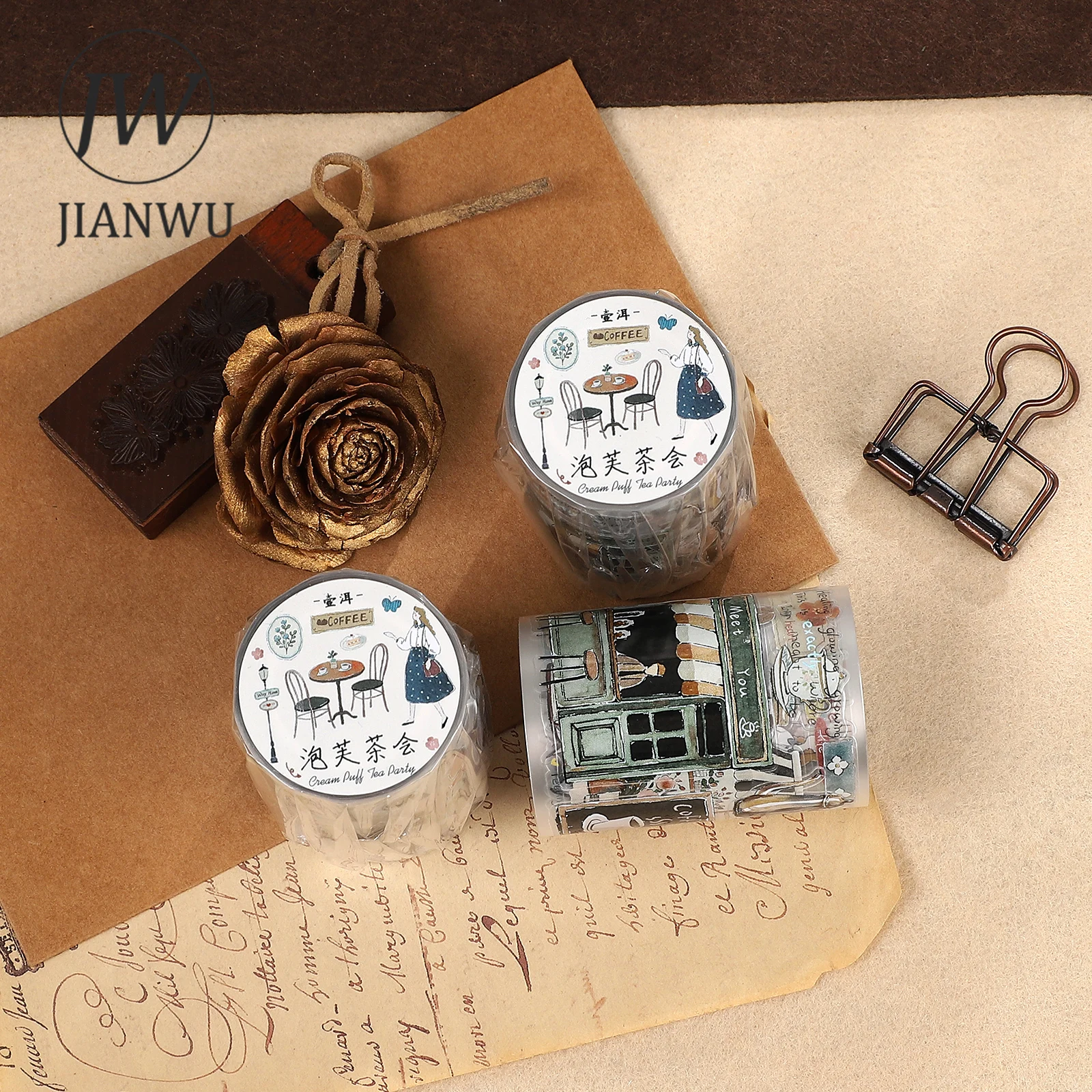 JIANWU 60mm * 5m 빈티지 캐릭터 퍼프 티 파티 풍경 소재 콜라주 스크랩북 PET 테이프 크리 에이 티브 DIY 저널 문구