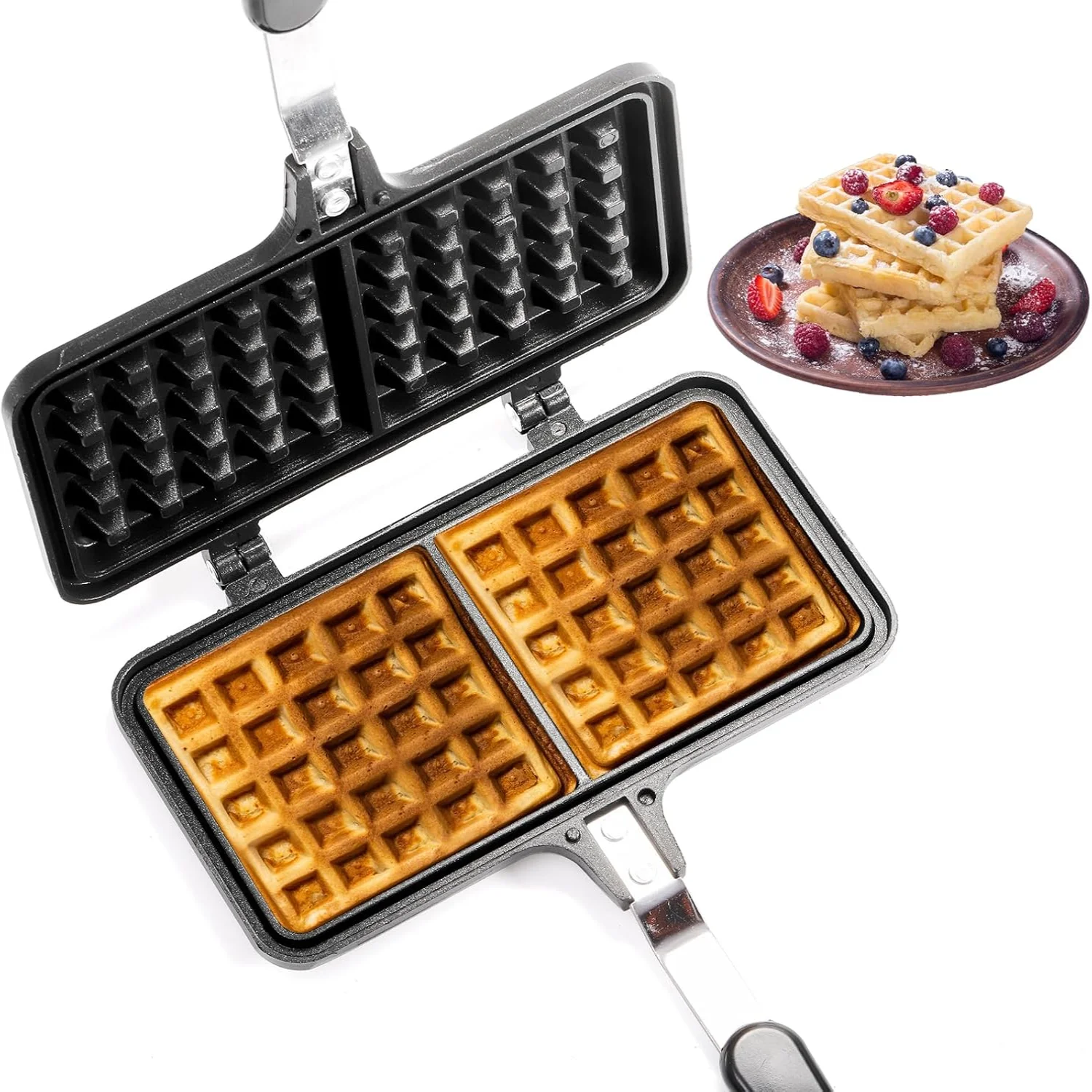 Non-stick Waffle Maker, 8" Camping StoveTop Waffle Maker with Long Handle, Portable Aluminum Maker Pan for Waffles Sandwi