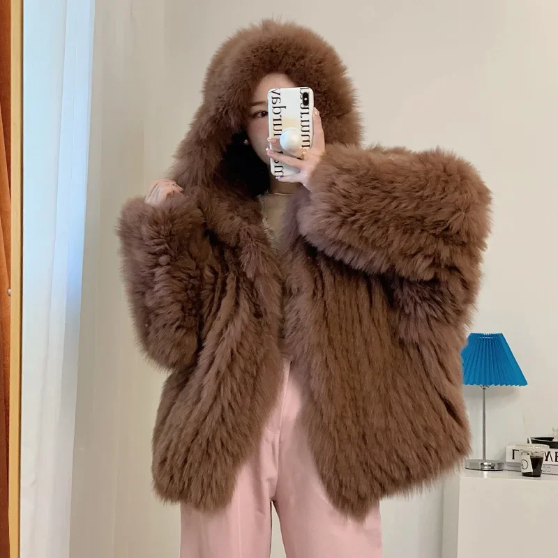 Autumn Winter Real Fur Grass Double Sided Woven Fox Hooded Women's Clothing Long Sleeve Jackets Solid Thick Warm Fur Sexy Coat