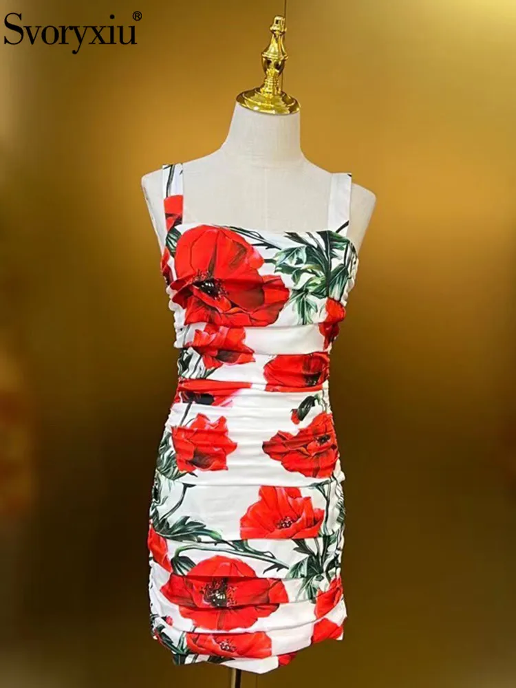 

Svoryxiu Spring Summer Fashion Vintage Flower Print Pure Silk Spaghetti strap Mini Dress Women's Sleeveless High Waist Dress