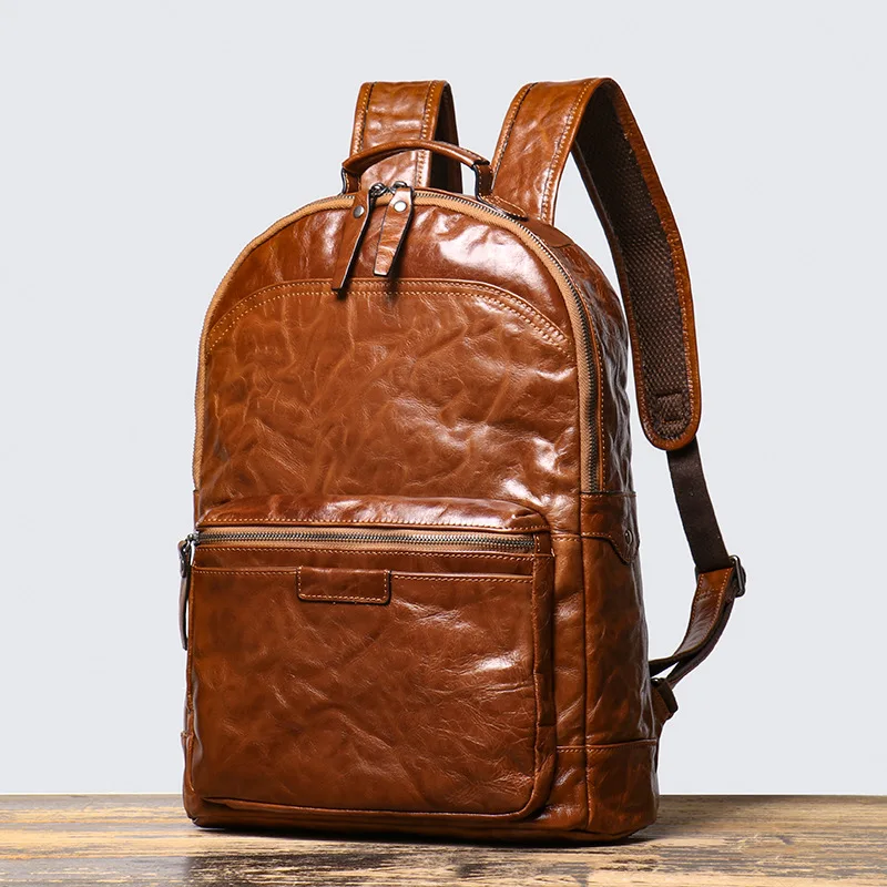 Genuine Leather Backpack for Men, Vegetable-tanned Cowhide with Hand-grabbing Texture, Fits 15-inch Laptop, Travel Shoulder Bag