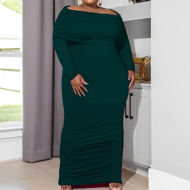 Plus Size Fashion Women Clothing Solid Color One Word Collar Bag Hip Maxi Dress Streetwear Shirring Long Sleeve Knitted Dresses