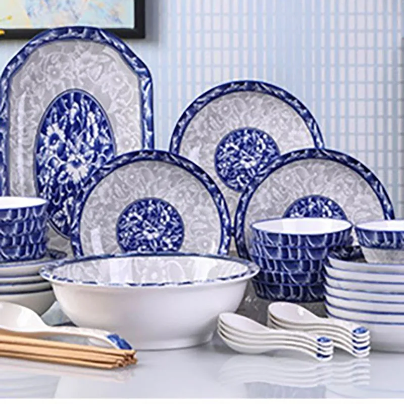 Creative Ceramic Plate Sets Blue and White Porcelain Living Room Dinner Set Plates and Dishes Glaze Colored Breakfast Bread Dish