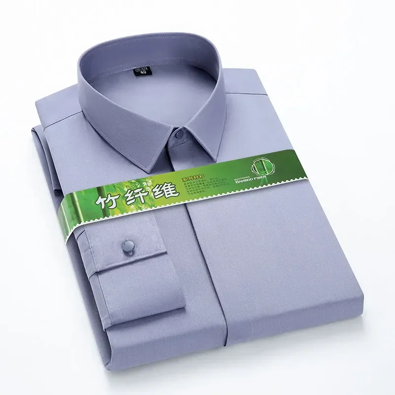 

S-6XL Bamboo Fiber Luxury Mens Long Sleeve Social Shirts Slim Fit Elastic Concealed Button Anti-wrinkle Formal Elegant Shirt 5XL