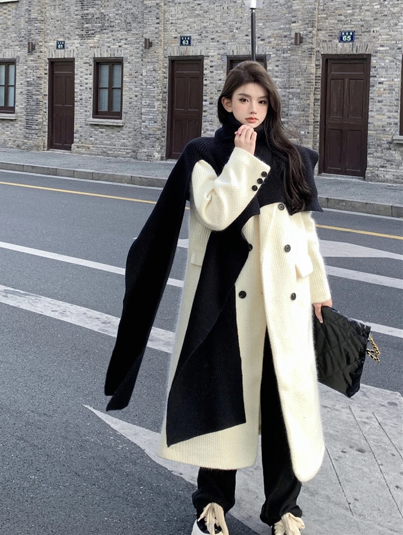 

Корейское бежевое стеганое шерстяное пальто на осень и зиму, элегантное утепленное Свободное пальто средней длины и шарф, комплект из двух предметов/односекционный Топ