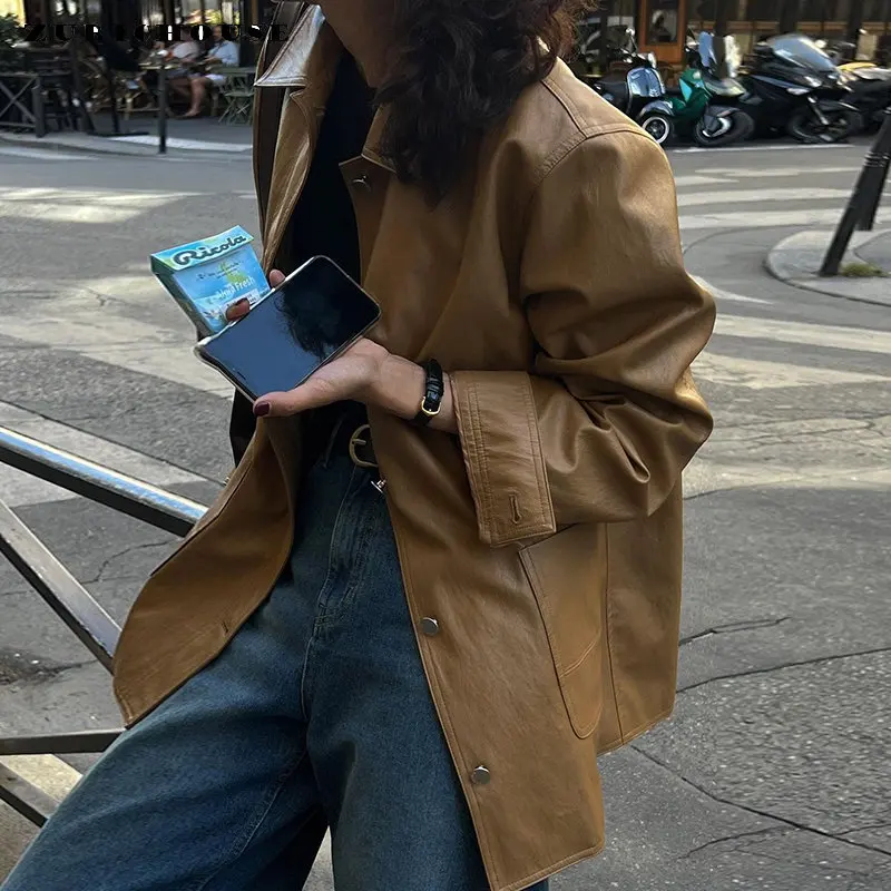 

Vintage Leather Jacket for Women Spring Autumn 2024 New Simple Fashion Metal Single-breasted Brown PU Leather Jackets abrigos
