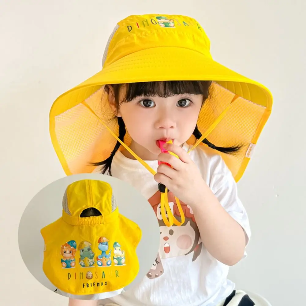 

With Whistle Kids Bucket Hat Outdoor UV Protection Wide Brim Beach Cap With Neck Flap Strap Cartoon Sun Cap Infant Girls Boys