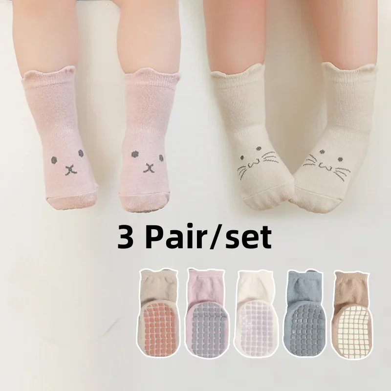 3Pairs/set Infant Baby Girls Cute Anti-slip Socks Breathable Toddler Girl Mid Tube Sock Children Kid Indoor Rubber Sock Kit