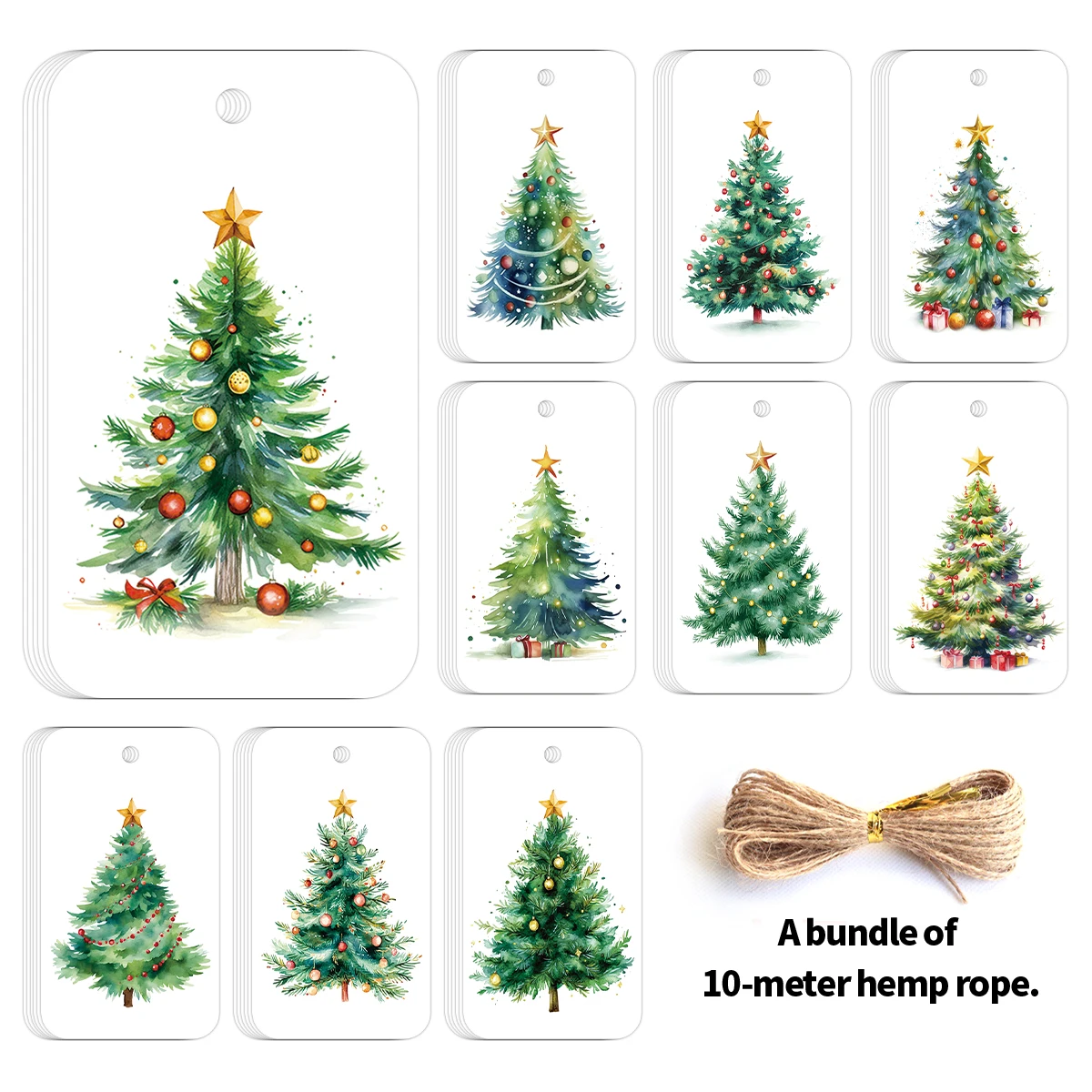 50 Stück Weihnachtsgeschenkanhänger mit Hanfseil, Weihnachtsbaum-Design, hängendes Schild für Weihnachtsbaumdekoration, Partybevorzugung, DIY-Bastelkarte