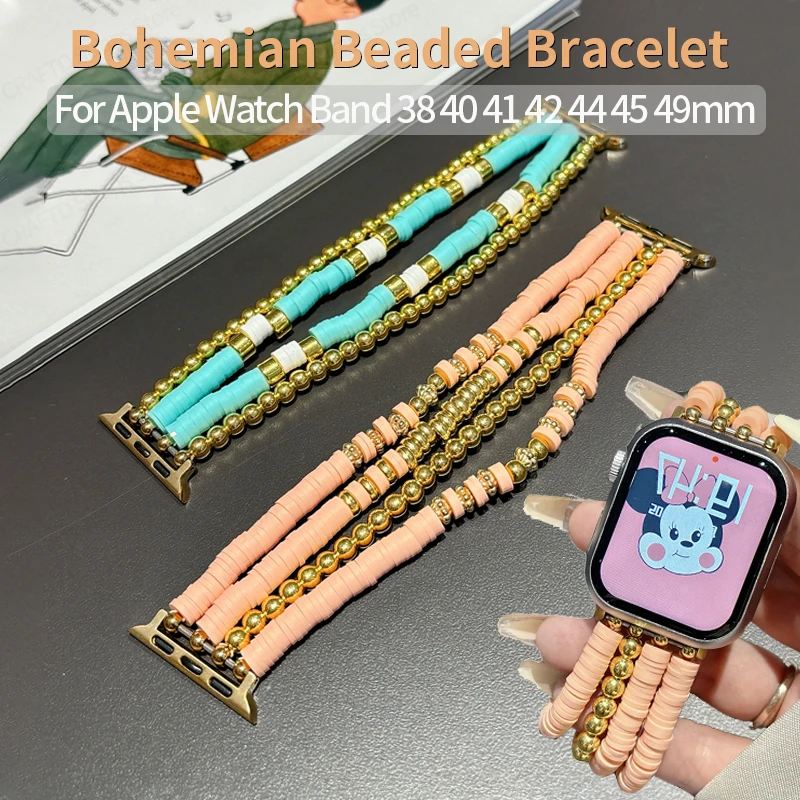 

Bohemian Beaded Bracelet for Apple Watch 9 Band 41mm 45mm 38mm 40 42 44 Silicone Smartwatch Strap for iWatch Serie 7 8 9 SE 6 5
