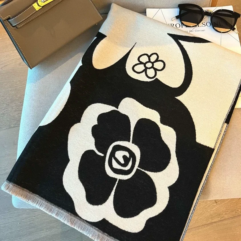 Elegant Camellia Black and White Shawl - Breathable and Warm Polyester Women's Scarf | Perfect for Spring and Fall Fashion 4