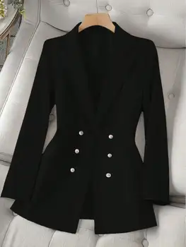Women's Black Double Breasted Blazer 2026 Peak Lapel Long Sleeve Fitted Waist Mid Length Office Work Blazer Coats Blazer Women 1