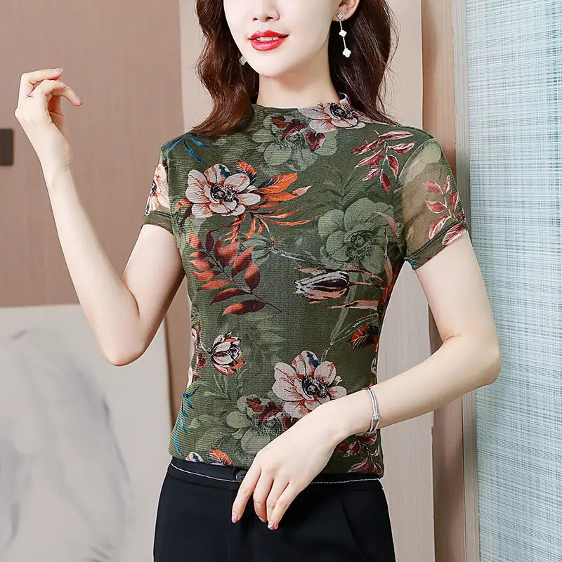

Vintage Fashion Gauze Spliced Floral Tops Women's Clothing Summer Elegant Female Short Sleeve Slim Half High Collar T-shirt