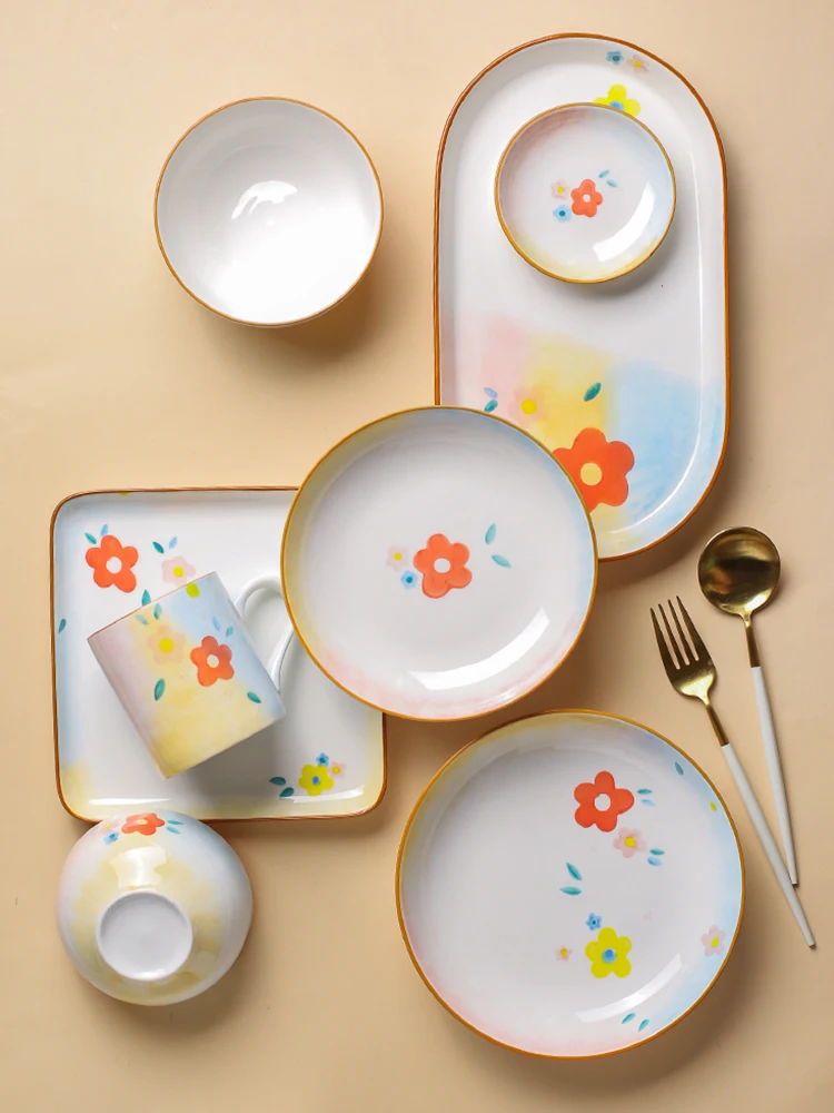 Ceramic 4.5inch Rice Bowls 6inch Salad Bowl 14 Inch Plates Creative Japan Style Cartoon Floral Under Glazed Porcelain Dinnerware