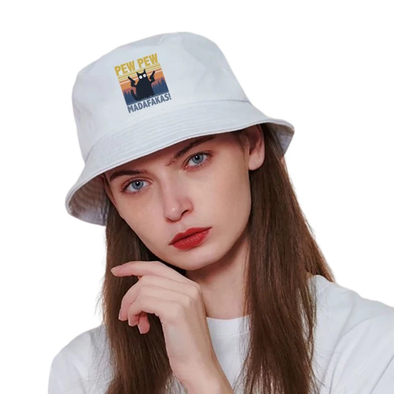 Black Cat Bucket Caps Women Men Street Beach Sun Hats Hip Hop Casual Fisherman Hats Outdoor Summer Panama Cap sun hats fisherman hat denim bucket hats sunscreen hats bucket hats sun hat