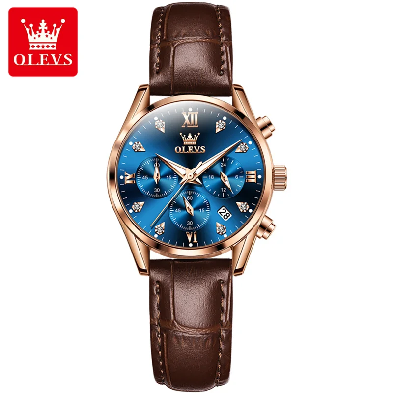Rose Gold Blue Dial OLEVS New Top Brand Luxury Ladies Diamond Quartz Wristwatch Women Leather Waterproof Watch Reloj Mujer 2023