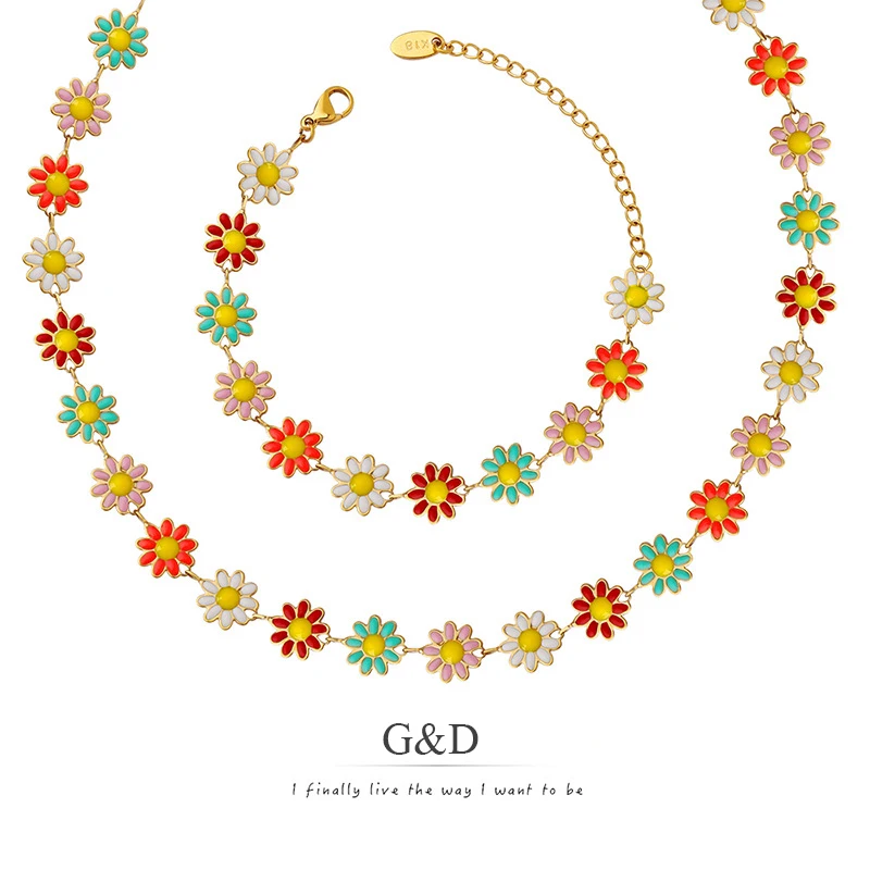 Charm Chain Necklace Bracelet Jewelry Set G Flower Charm Chain