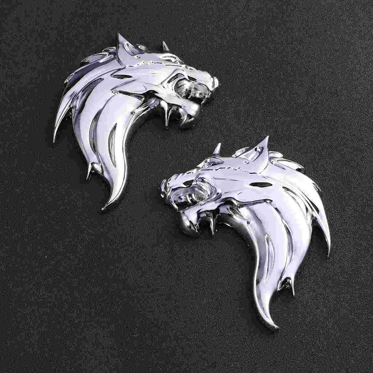 

1 Pair 3D Metal Wolf Head Car Side Rear Trunk Badge Sticker Decals (Silver)